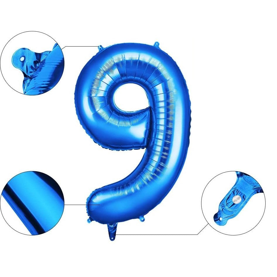 Balon din Folie Cifra 9, Balon Aniversar pentru Aer sau Heliu, Folie Aluminiu cu Pai Inclus, 81 cm, Albastru