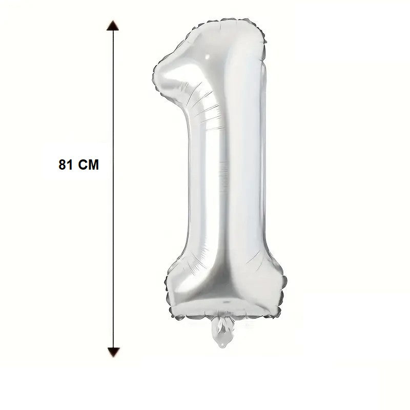 Balon Cifra 1 Aniversar, Umflare Aer sau Heliu, Agatatoare Incluse, Aluminiu, 81 cm, Argintiu