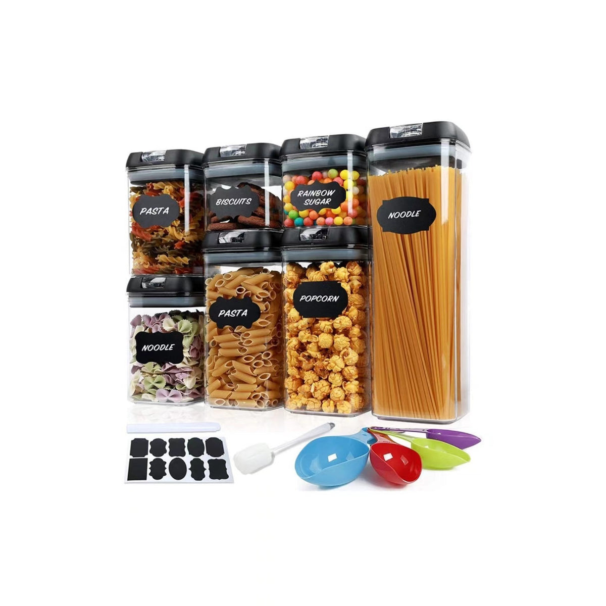 Set 7 Recipiente Organizare Alimente, Inchidere Etansa si Capace cu Garnitura, Plastic Dur Non-Toxic, Include Etichete Reutilizabile si Cupe Masurare, Transparent, 4 Dimensiuni 0.5l-1.9l