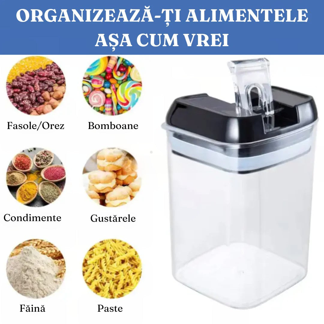Set 7 Recipiente Organizare Alimente, Inchidere Etansa si Capace cu Garnitura, Plastic Dur Non-Toxic, Include Etichete Reutilizabile si Cupe Masurare, Transparent, 4 Dimensiuni 0.5l-1.9l
