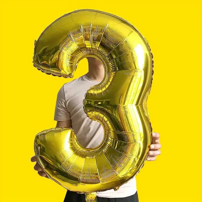 Balon Cifra 3 Pentru Aniversare, Umflare Cu Aer Sau Heliu, Agatatori Incluse, Folie Aluminiu, 81 cm, Auriu