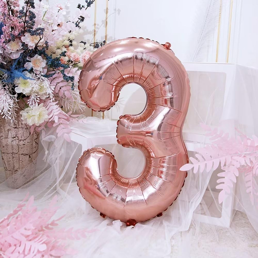 Balon din Folie Cifra 3, Balon Aniversar pentru Aer sau Heliu cu Pai Inclus, Aluminiu, 81 cm, Roz Auriu