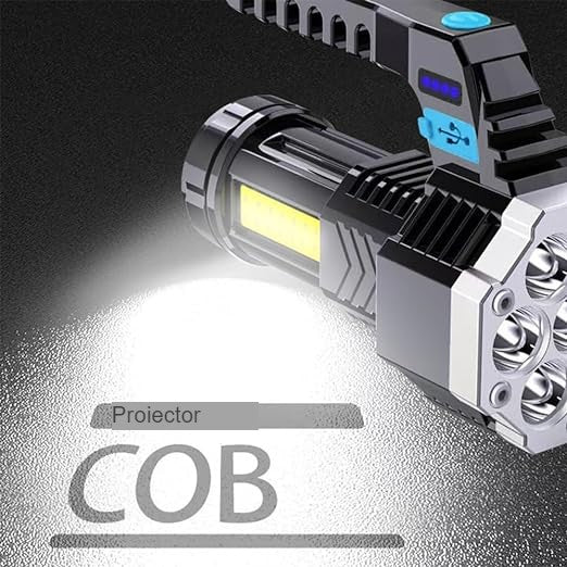 Lanternă LED Reîncărcabilă USB, Tip Proiector COB cu Mâner, Rezistentă la Apă IPX4, Lanternă Portabilă pentru Drumeții și Camping, Plastic, 14.1 x 6.4 cm, Negru/Albastru