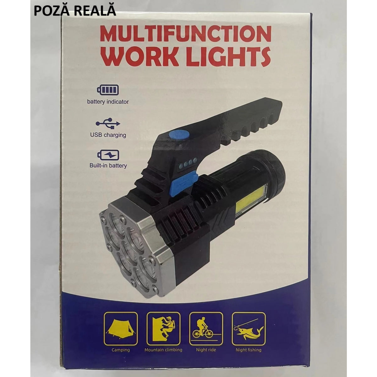 Lanternă LED Reîncărcabilă USB, Tip Proiector COB cu Mâner, Rezistentă la Apă IPX4, Lanternă Portabilă pentru Drumeții și Camping, Plastic, 14.1 x 6.4 cm, Negru/Albastru