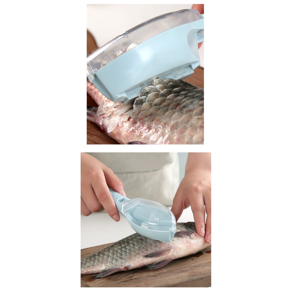 Curatator Solzi de Peste cu Recipient Colector si Capac, Dispozitiv Ergonomic pentru Curatare, Plastic Rezistent, Albastru Deschis, 16x6 cm