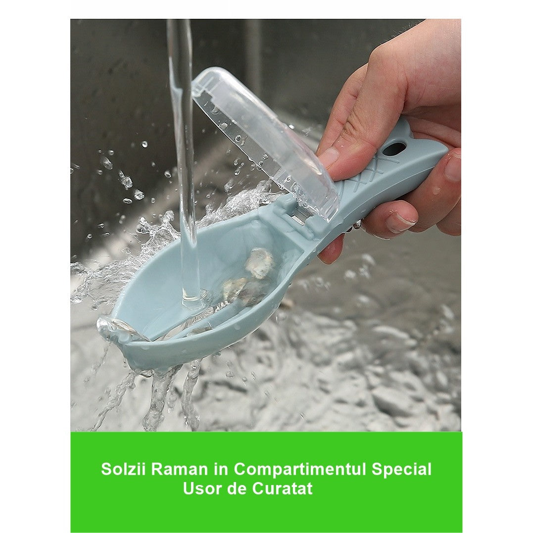 Curatator Solzi de Peste cu Recipient Colector si Capac, Dispozitiv Ergonomic pentru Curatare, Plastic Rezistent, Albastru Deschis, 16x6 cm