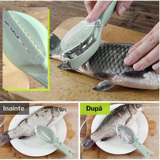 Curatator Solzi de Peste cu Recipient si Capac, Dispozitiv Ergonomic pentru Curatare Rapida, Plastic, Verde Deschis, 16x6 cm