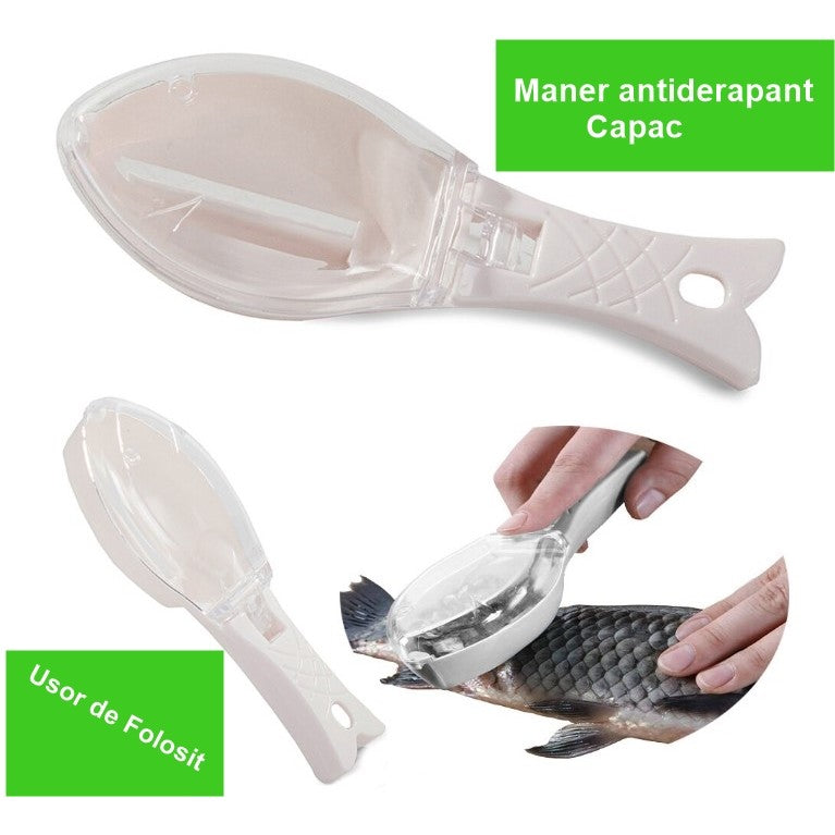 Curatator Manual Solzi de Peste, Dispozitiv cu Recipient si Capac pentru Colectare, Design Ergonomic, Plastic, Roz Pal, 16x6 cm