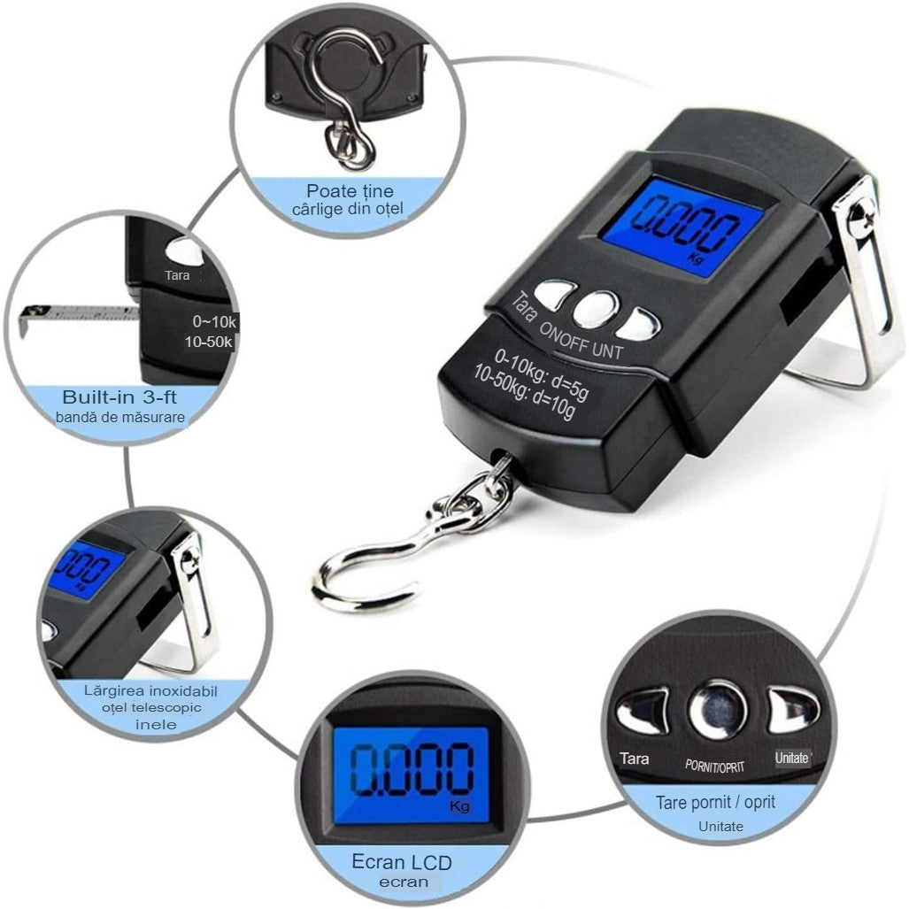 Cantar Digital de Mana pentru Bagaje si Pescuit, Cantar Portabil cu Carlig si Metru Incorporat, Ecran LCD, Capacitate 50 kg, ABS, Negru