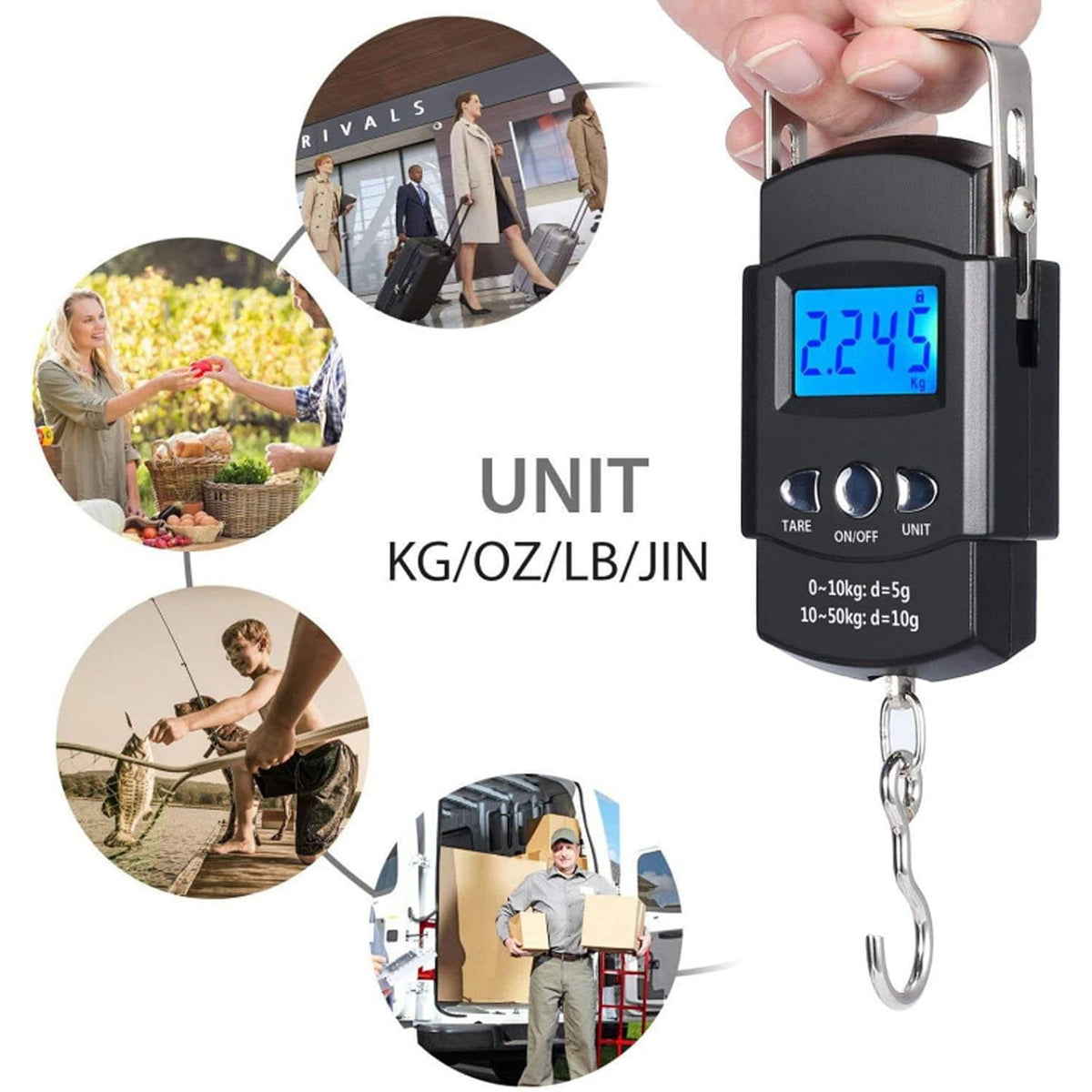 Cantar Digital de Mana pentru Bagaje si Pescuit, Cantar Portabil cu Carlig si Metru Incorporat, Ecran LCD, Capacitate 50 kg, ABS, Negru
