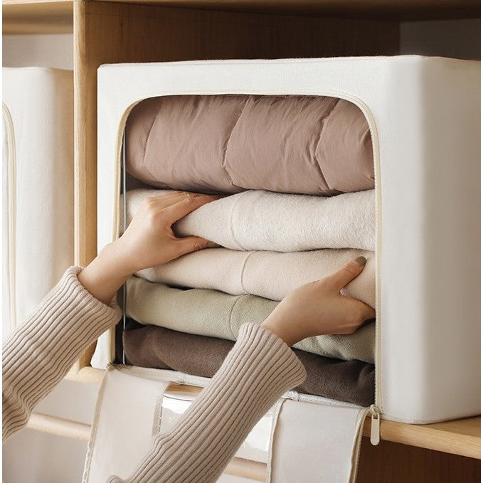 Cutie Depozitare Pliabila Pentru Haine, Organizator Cu Cadru Metalic Si Fereastra, Textil Impermeabil Cu Fermoar Dublu, 66 L, 50x40x33 cm, Bej