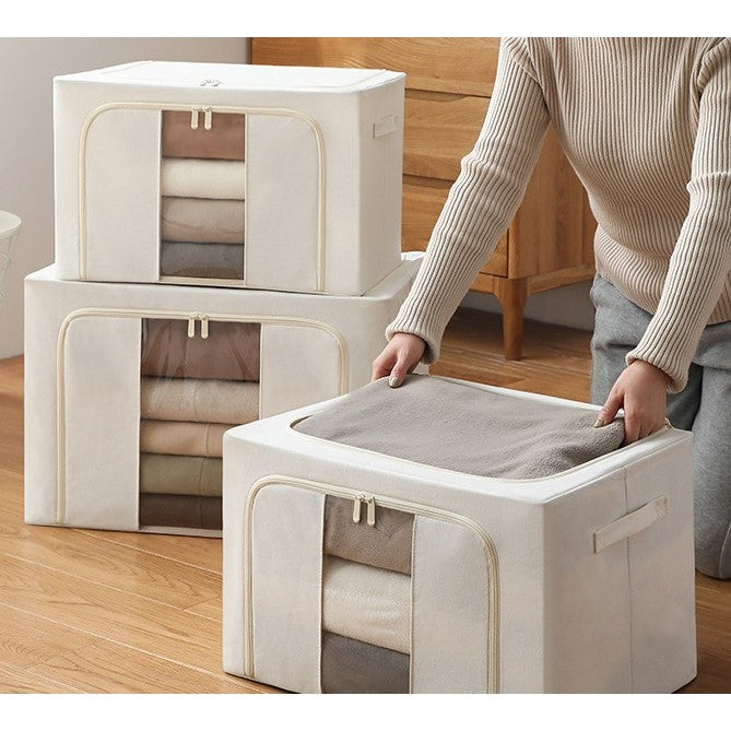 Cutie Depozitare Pliabila Pentru Haine, Organizator Cu Cadru Metalic Si Fereastra, Textil Impermeabil Cu Fermoar Dublu, 66 L, 50x40x33 cm, Bej