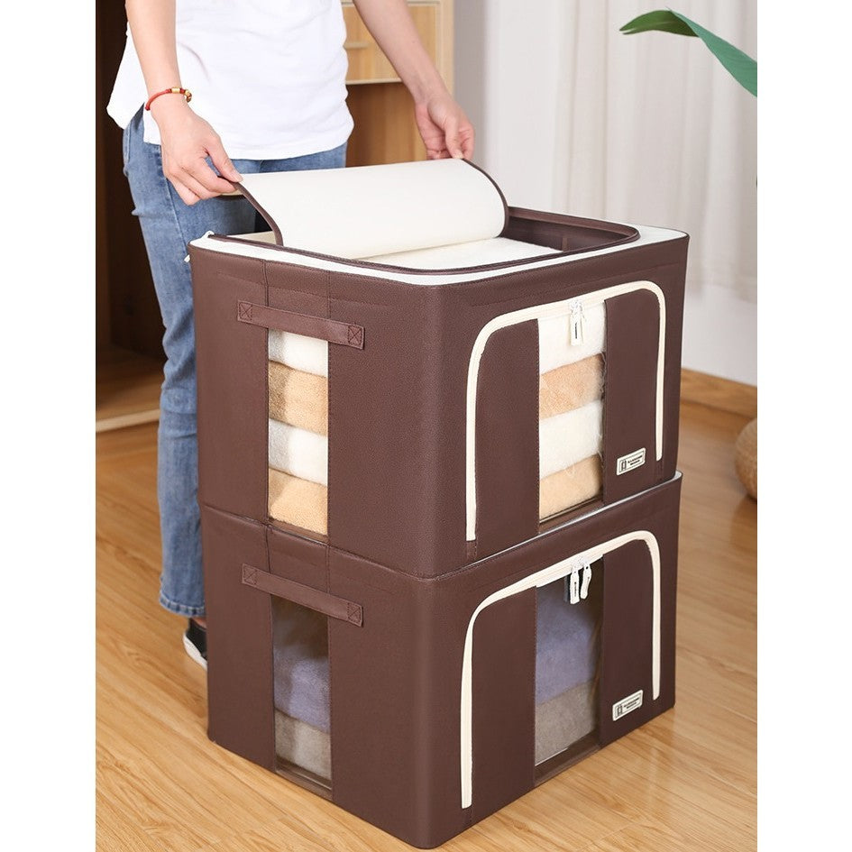 Cutie de Depozitare Pliabila pentru Haine, Cu Fereastra Transparenta si Cadru Metalic, Textil Impermeabil cu Fermoar Dublu, 66 L, 50x40x33 cm, Maro
