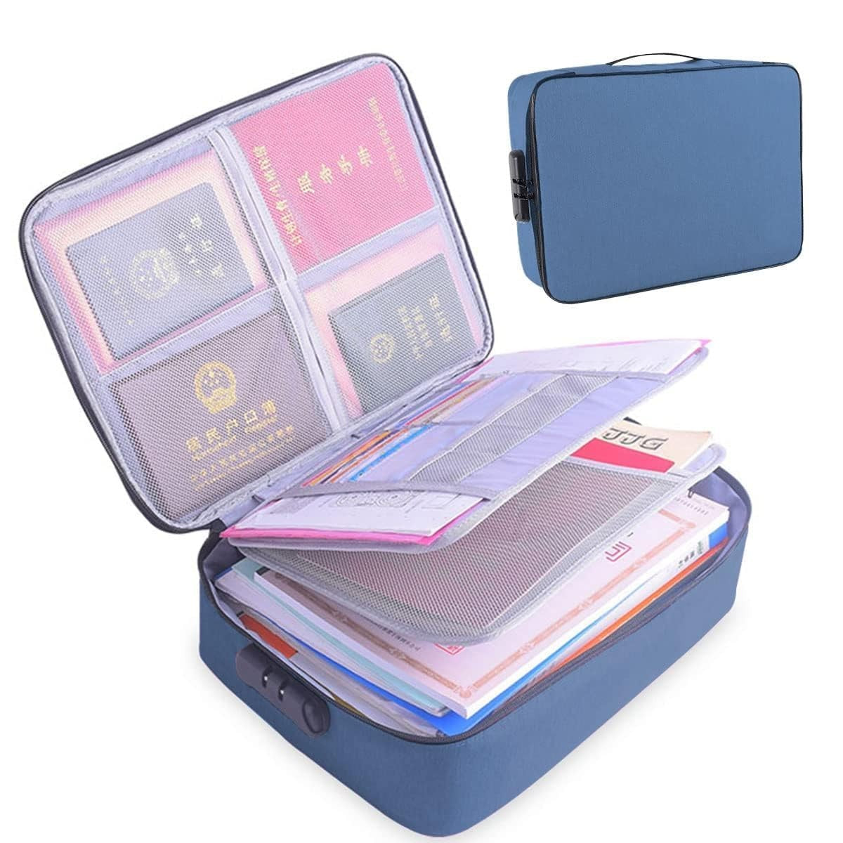 Geanta Depozitare Acte si Documente cu Cod de Securitate, Organizator Facturi si Carduri, Impermeabila, Panza Oxford, 2 Compartimente, 37 x 10.5 x 27 cm, Albastru Marin
