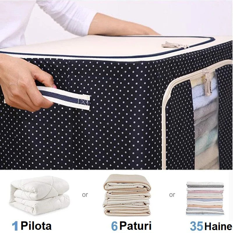 Cutie Depozitare Pliabila 100 L, Organizator Haine si Lenjerie cu Cadru Metalic Stivuibil, Material Oxford Impermeabil, Fereastra Transparenta si Fermoar Dublu, 60x42x40 cm, Albastru Marin cu Buline