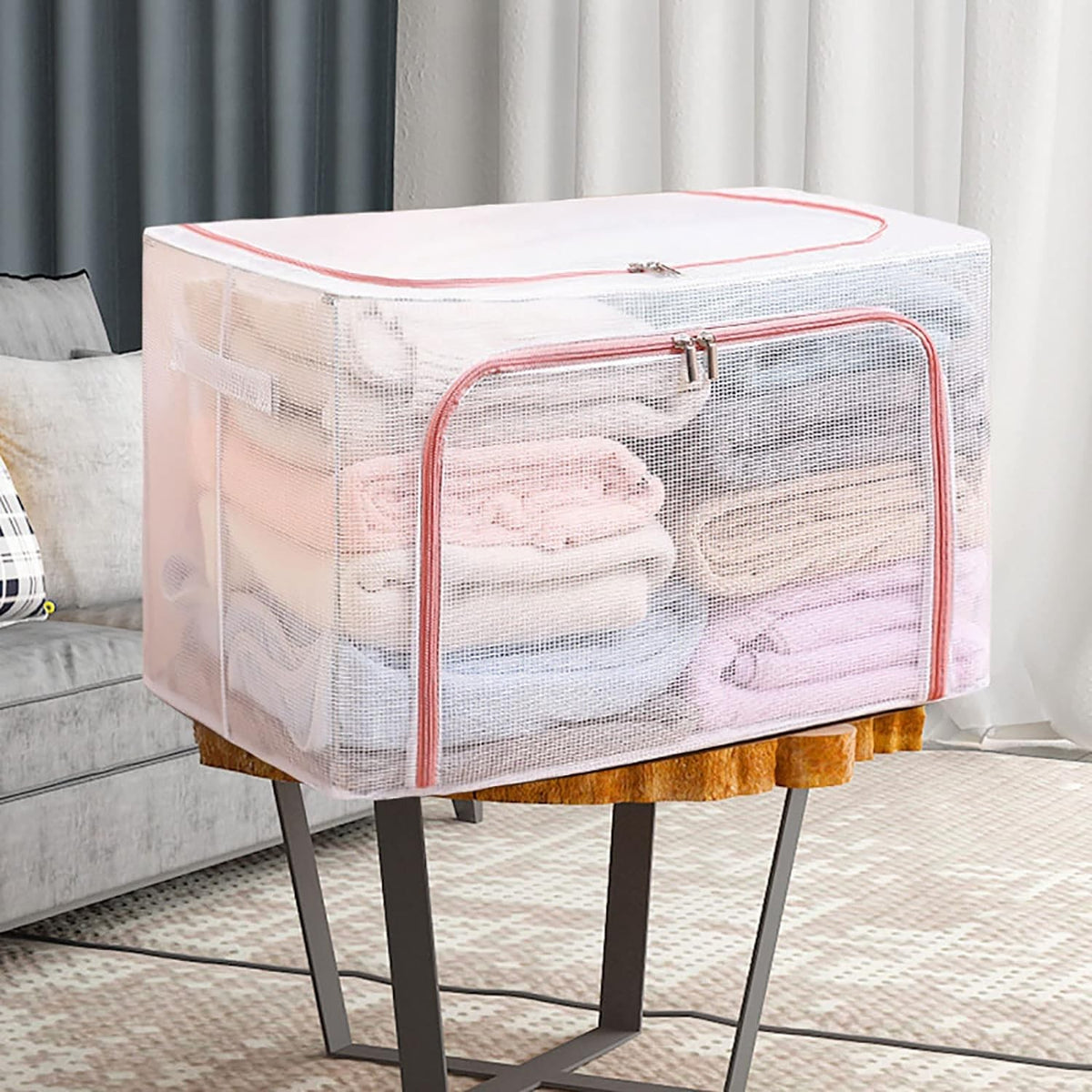 Cutie de Depozitare Pliabila pentru Haine, Cadru Metalic si Material Impermeabil, Organizator cu Fereastra Transparenta si Fermoar Dublu, Textil, 66 L, 50x40x33 cm, Rosu