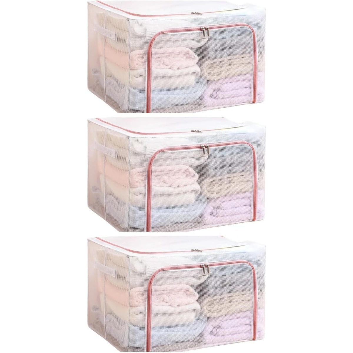 Cutie de Depozitare Pliabila pentru Haine, Cadru Metalic si Material Impermeabil, Organizator cu Fereastra Transparenta si Fermoar Dublu, Textil, 66 L, 50x40x33 cm, Rosu