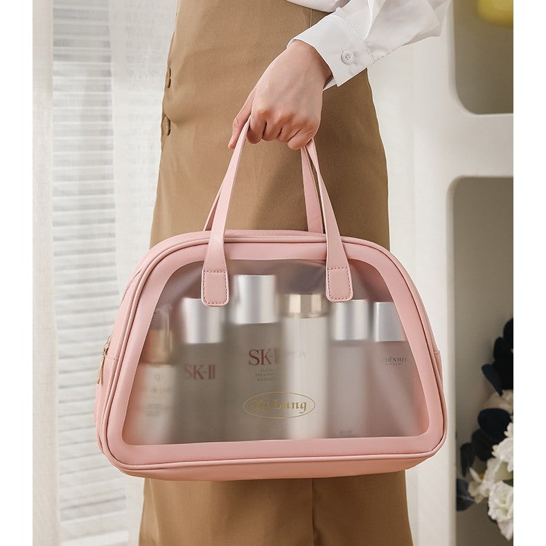 Geanta Cosmetice de Voiaj, Organizator Toaleta cu Dubla Compartimentare, Impermeabila si Translucida, Material PVC, 35 x 22 x 15 cm, Roz
