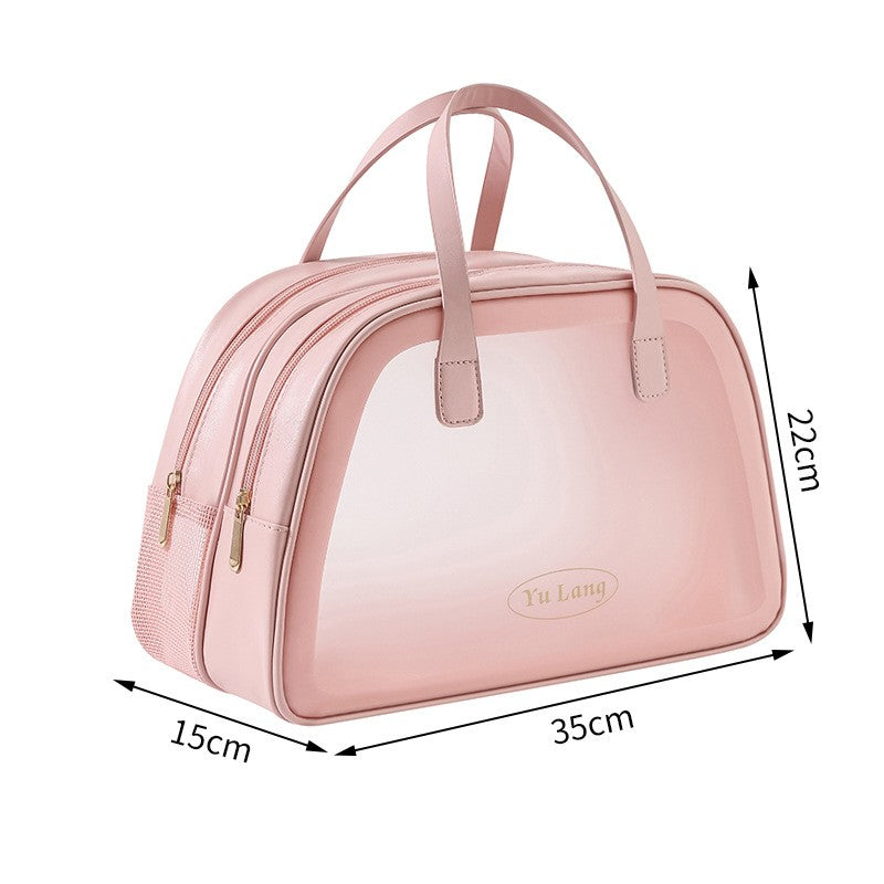 Geanta Cosmetice de Voiaj, Organizator Toaleta cu Dubla Compartimentare, Impermeabila si Translucida, Material PVC, 35 x 22 x 15 cm, Roz
