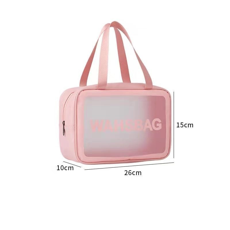 Geanta Cosmetice de Voiaj, Organizator Produse Toaleta Impermeabil, Design Translucid Mat cu Fermoar si Maner, Material PVC, 26 x 15 x 10 cm, Roz