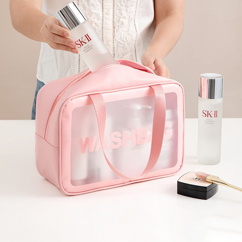 Geanta Cosmetice de Voiaj, Organizator Produse Toaleta Impermeabil, Design Translucid Mat cu Fermoar si Maner, Material PVC, 26 x 15 x 10 cm, Roz
