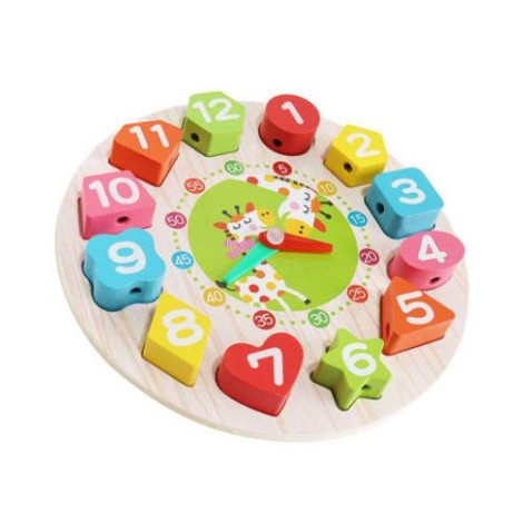 Jucarie Educativa Montessori, Ceas Girafa pentru Invatare Timp si Forme Geometrice, Lemn Masiv, 12 Piese, 17 cm, Multicolor, +36 Luni