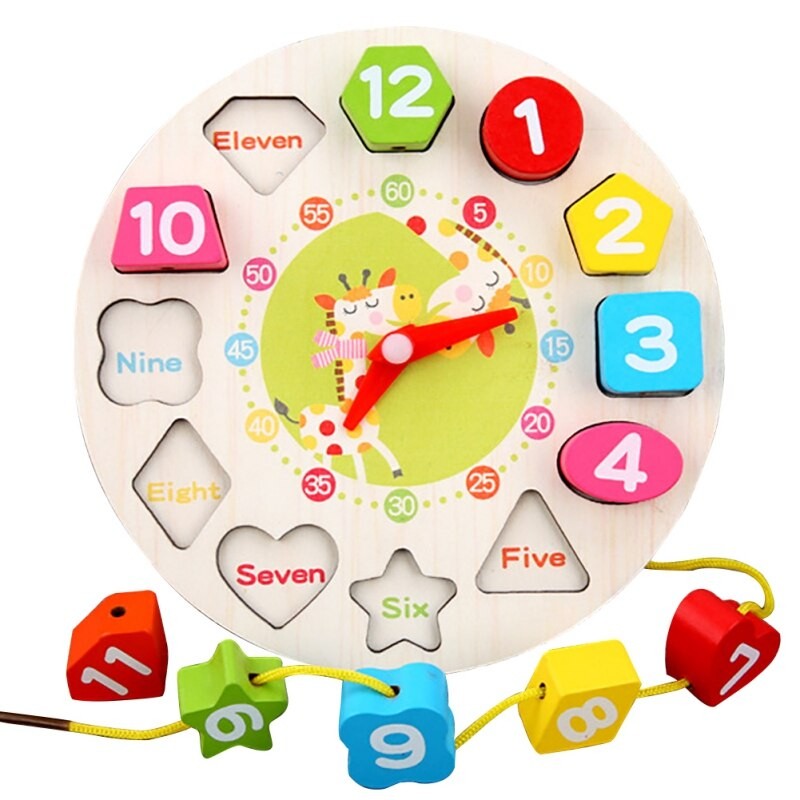 Jucarie Educativa din Lemn Berbis, Tip Montessori, Model Ceas Girafa, din Lemn, + 36 Luni, 12 Piese, 17 cm, Multicolor