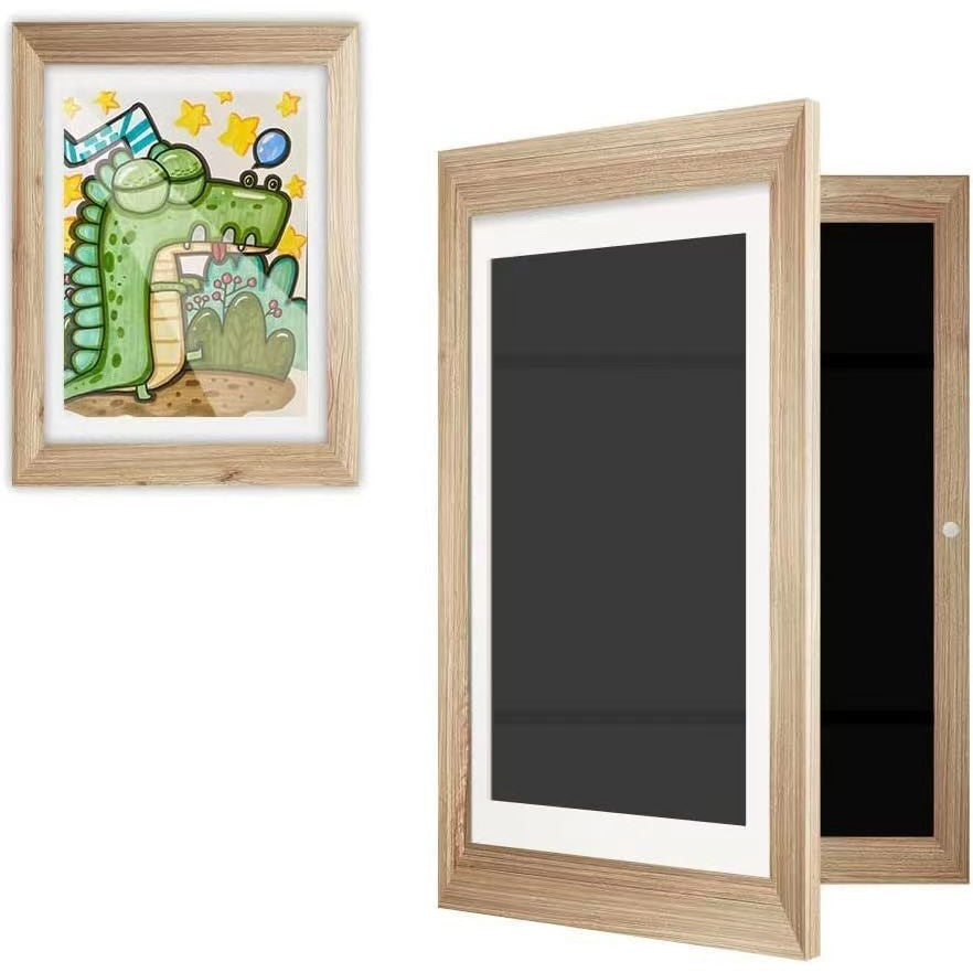 Rama Foto pentru Desene Copii A4, Spatiu Depozitare si Deschidere Tip Carte, Inchidere Magnetica, Lemn MDF si Sticla Securizata, Maro
