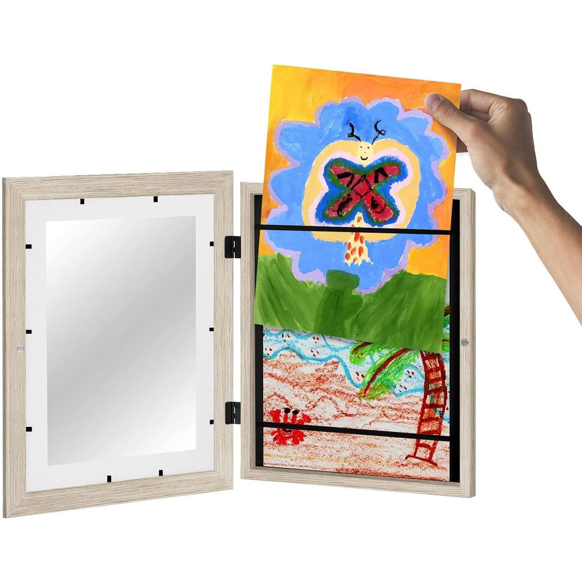 Rama Foto pentru Desene Copii A4, Spatiu Depozitare si Deschidere Tip Carte, Inchidere Magnetica, Lemn MDF si Sticla Securizata, Maro