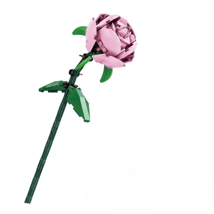 Set de Constructie Trandafir Roz, Floare Ornamentala din Blocuri Tip Lego, Decoratiune Interior, Plastic ABS, 69 Piese, 25x8x4 cm