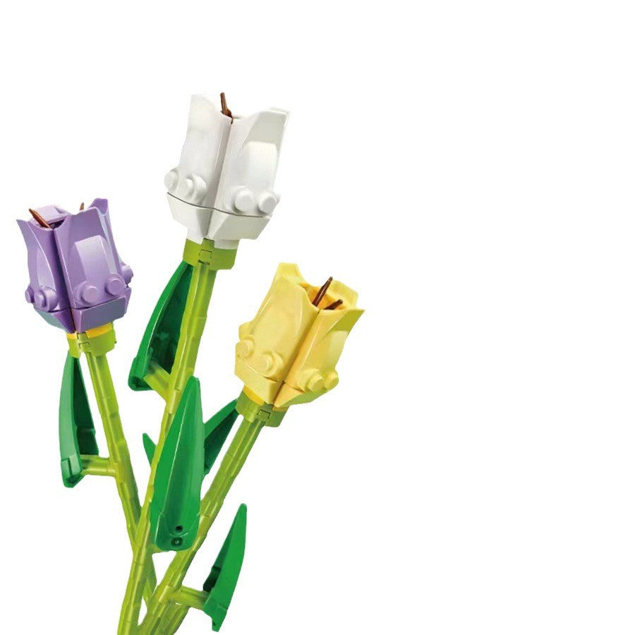 Set de Constructie Lalele, Ornament Floral cu Tulpini Reglabile, 111 Piese, 24 cm, Mov-Alb-Galben