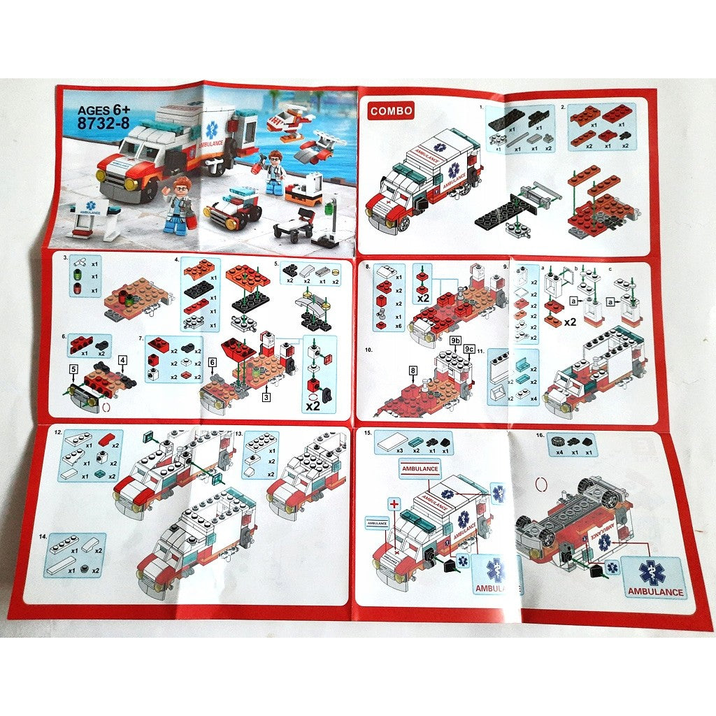 Set de Construcție Ambulanță 6în1, Joc Educativ de Asamblare Tip Lego, Plastic, 122 Piese, Multicolor, 24x17 cm