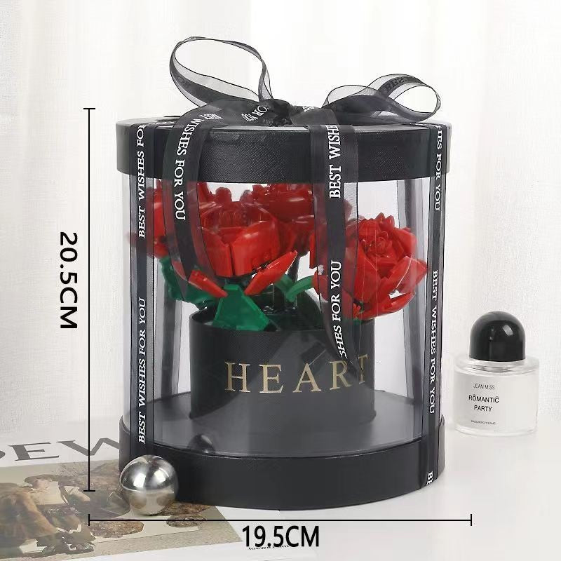 Set de Constructie Buchet Trandafiri Rosii, Aranjament Floral Creativ cu Petale Mobile, Cutie Cadou Neagra, 6 Trandafiri, 20.5 x 19.5 cm
