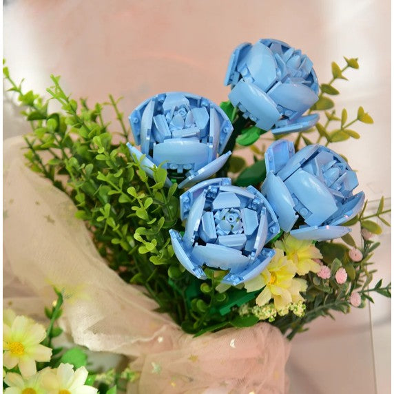 Set de Construcție Trandafiri, Buchet de Flori Albastre în Cutie Albă, Jucărie Creativă DIY, 20.5 x 19.5 cm