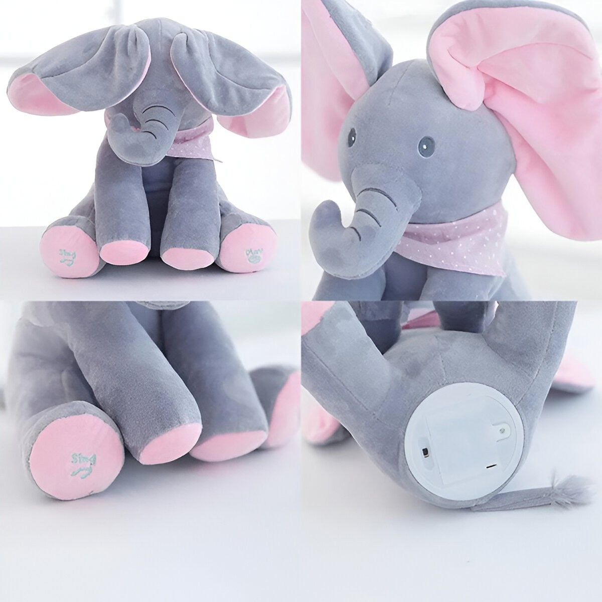 Jucarie Interactiva Elefant Peek-a-boo, Cu Muzica Si Urechi Mobile, Plus Bumbac, 30 cm, Roz-Gri