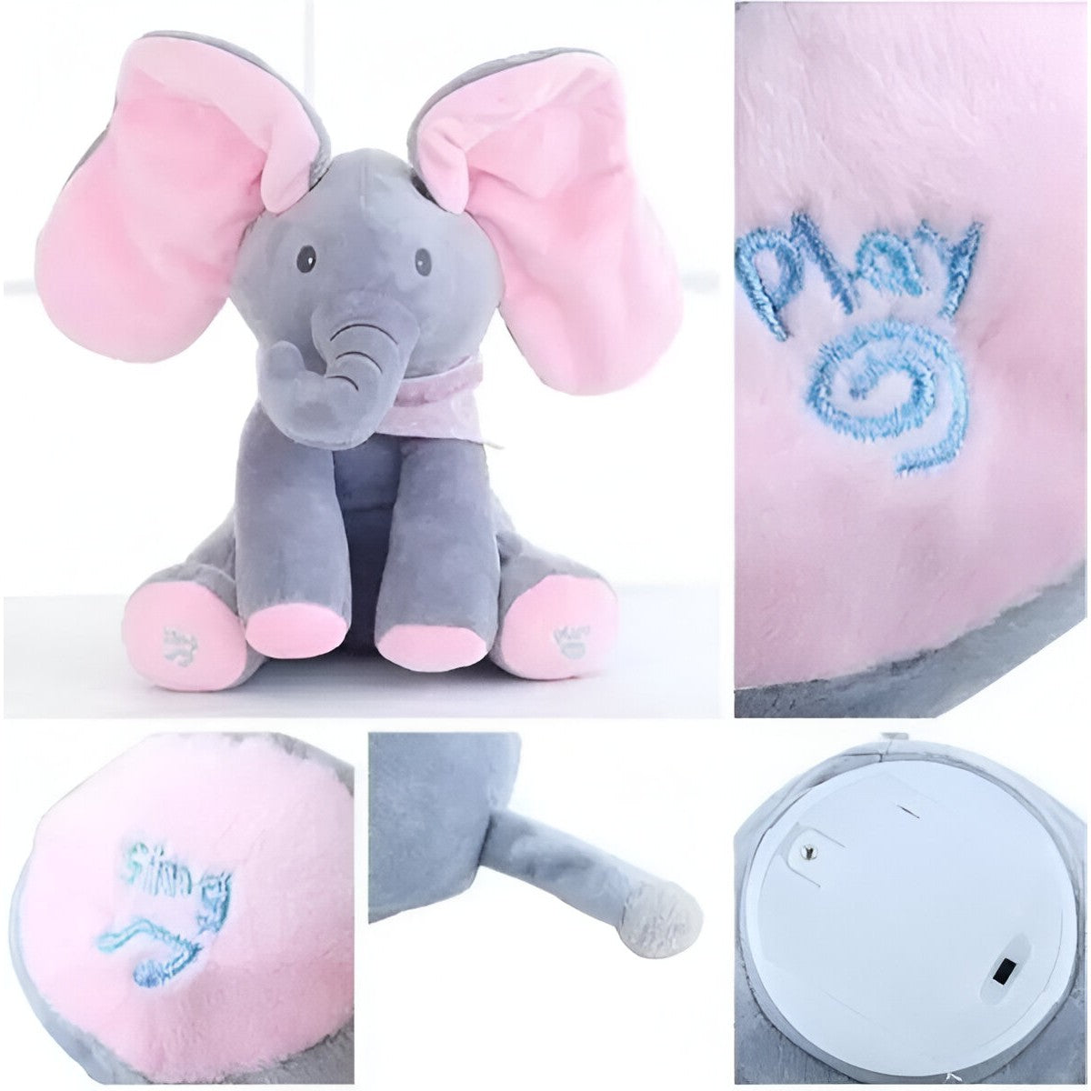 Jucarie Interactiva Elefant Peek-a-boo, Cu Muzica Si Urechi Mobile, Plus Bumbac, 30 cm, Roz-Gri