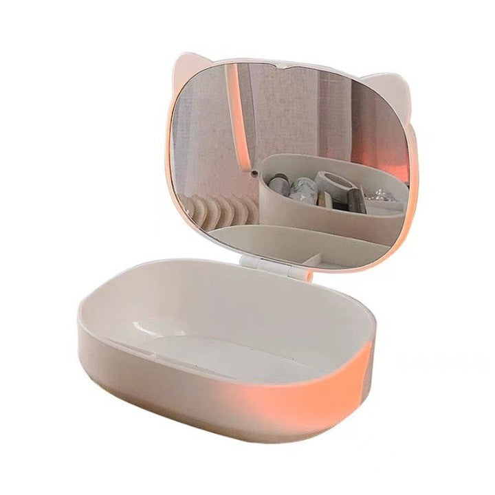 Organizator Machiaj Cu Oglinda In Forma De Pisica, Cutie Depozitare Cosmetice Si Bijuterii, 4 Compartimente, Portabil, Plastic, 17x13x6 cm, Alb