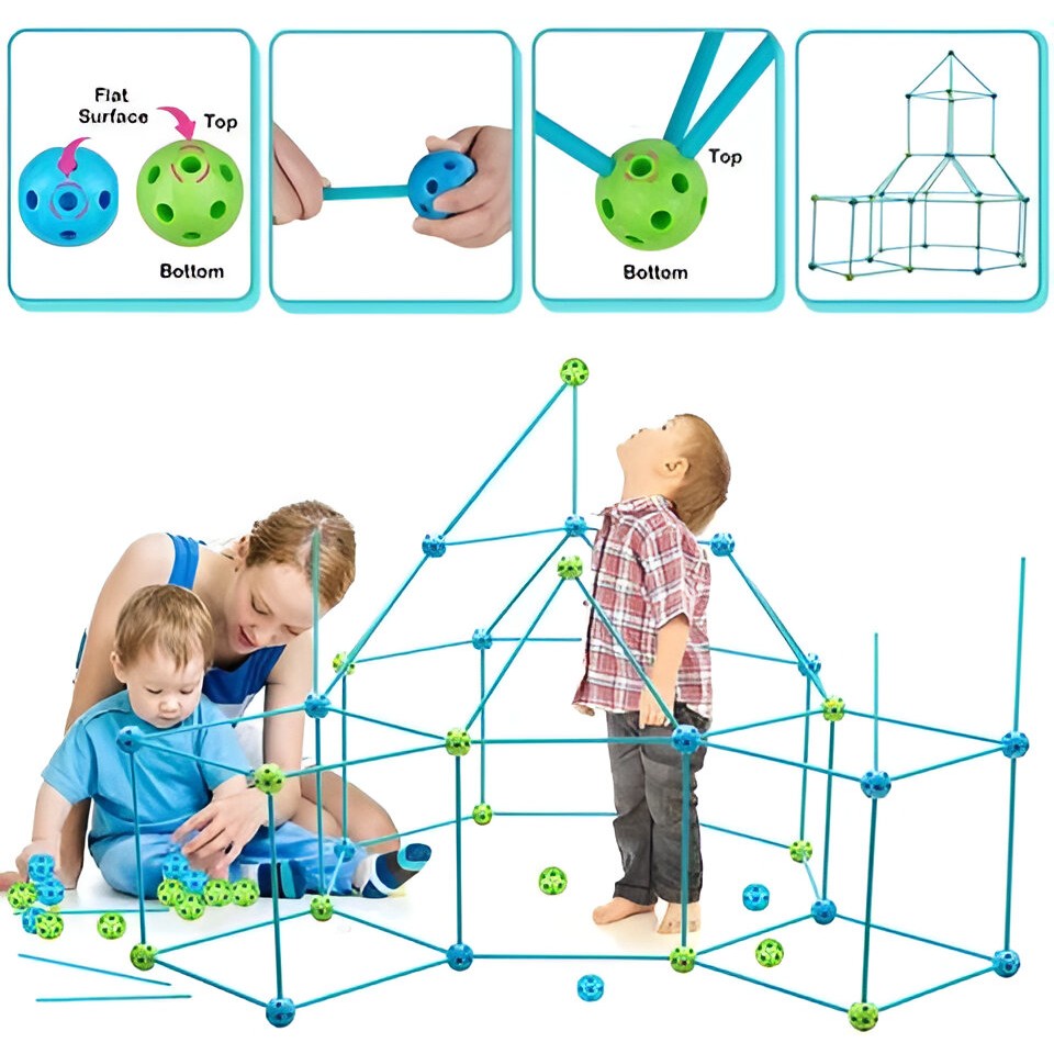 Kit De Constructie Fort 3D, Set Educativ Pentru Creativitate, 87 Piese, Include Panza Verde Impermeabila, 51 Tije, 36 Sfere, Multicolor