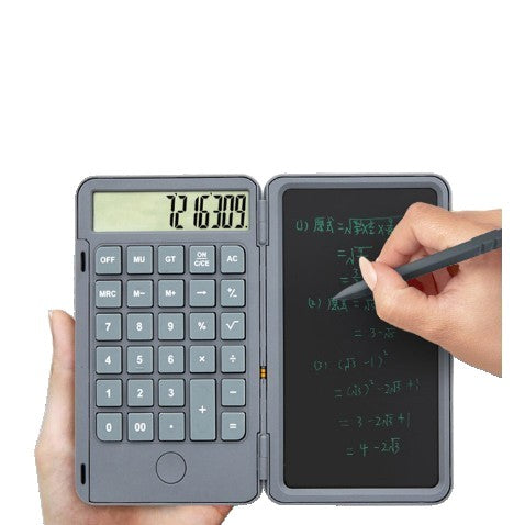 Calculator de Mana Portabil cu Tabla de Scris LCD, Afisaj 12 Cifre, Design Pliabil, Reincarcabil USB Tip C, Ecran 15 cm, Gri