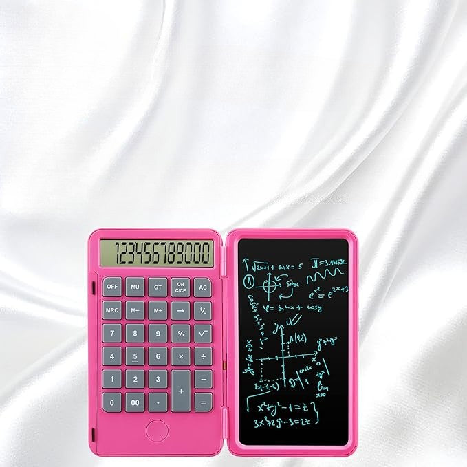 Calculator de Mana Portabil cu Tabla de Scris LCD, Reincarcabil USB-C, Afisaj 12 Cifre, Pliabil cu Stilou Inclus, Roz