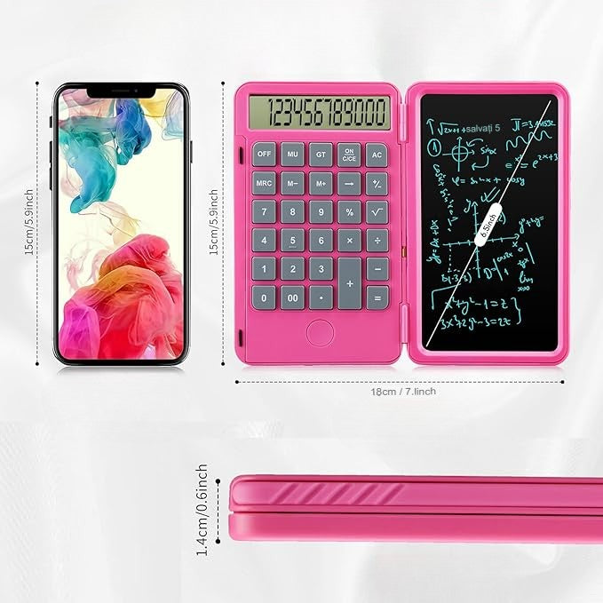 Calculator de Mana Portabil cu Tabla de Scris LCD, Reincarcabil USB-C, Afisaj 12 Cifre, Pliabil cu Stilou Inclus, Roz