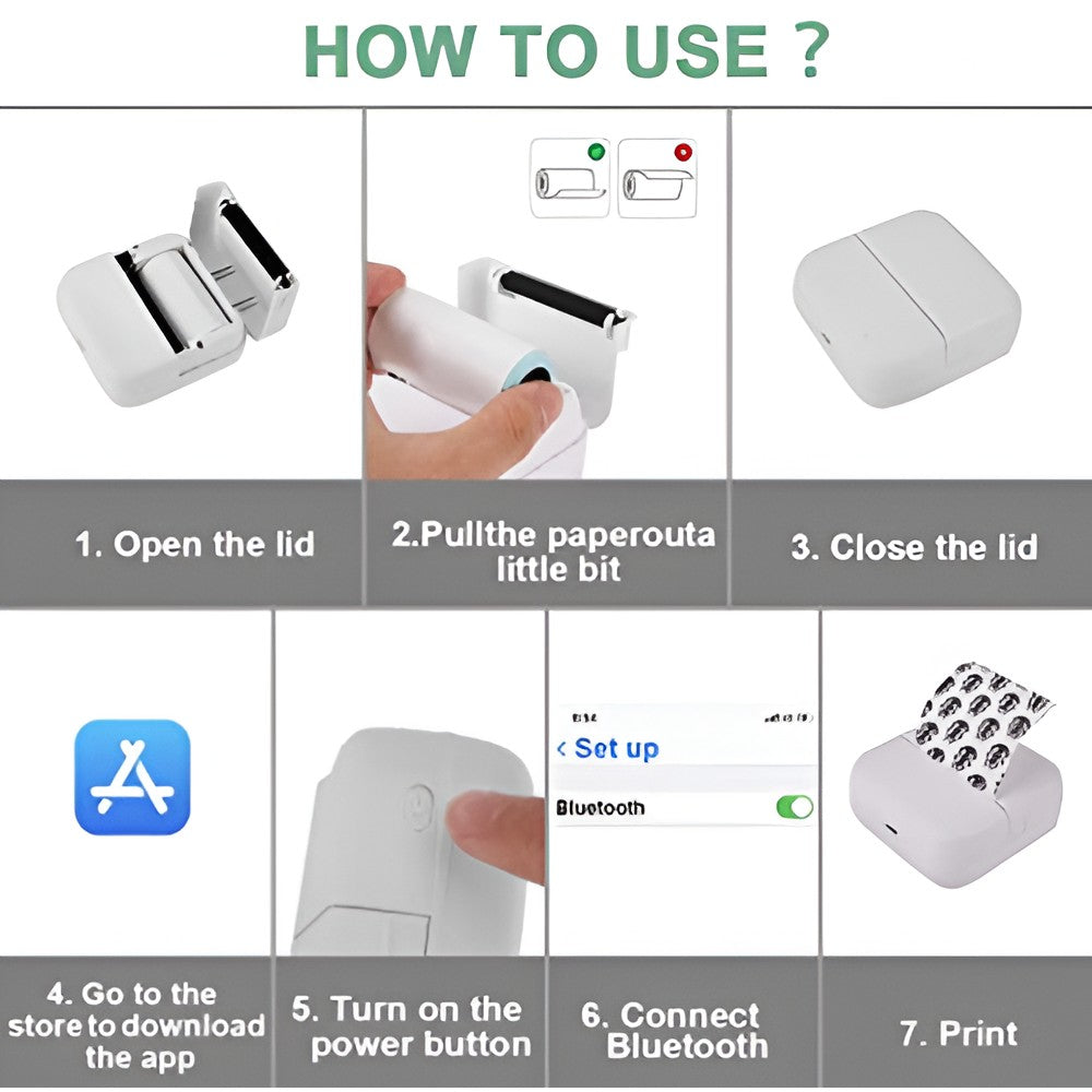 Mini Imprimanta Foto Portabila, Tehnologie Termica Fara Tus, Conexiune Bluetooth Smartphone, Model Pisica, Set 13 Role Hartie si Pixuri, Incarcare USB, Alb/Verde