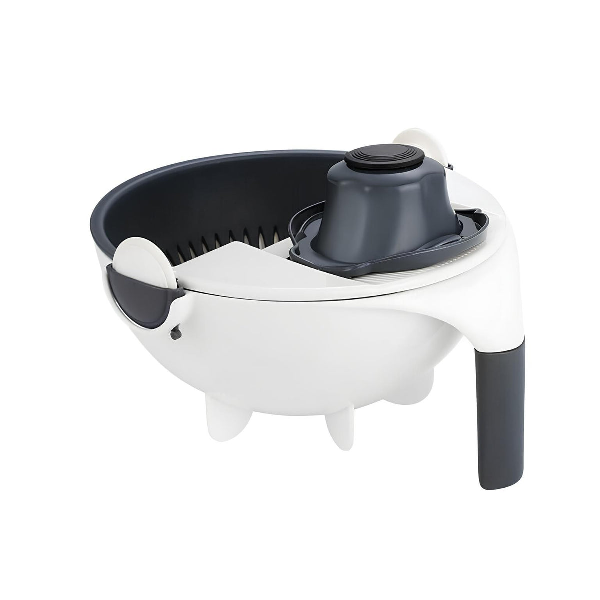 Tocator si Feliator Multifunctional Legume, 7 Lame din Otel Inoxidabil, Strecuratoare Detasabila si Bol Colector, Protectie Maini, Plastic ABS, 22x22x12 cm, Alb/Negru