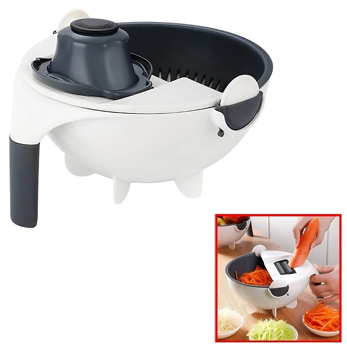 Tocator si Feliator Multifunctional Legume, 7 Lame din Otel Inoxidabil, Strecuratoare Detasabila si Bol Colector, Protectie Maini, Plastic ABS, 22x22x12 cm, Alb/Negru