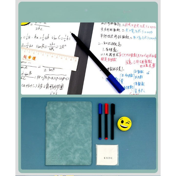 Agenda A5 Reutilizabila cu Pagini Tip Tabla si Stergere Uscata, Caiet Reutilizabil din Piele Ecologica, Set 6 Piese cu 3 Markere, Burete si Laveta, 24 x 16.5 cm, Verde
