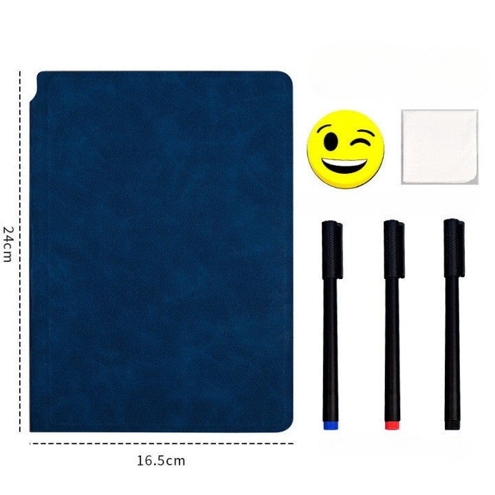 Set Agenda A5 Reutilizabila, Pagini Tip Tabla cu Stergere Uscata, Coperta Piele Ecologica, Include 3 Markere, Burete si Laveta, 24 x 16.5 cm, Albastru