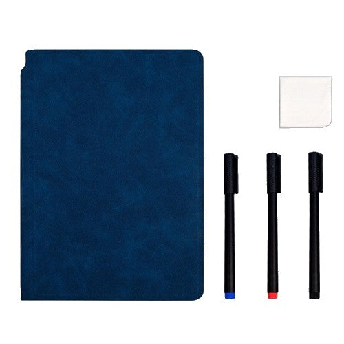 Set Agenda A5 Reutilizabila, Pagini Tip Tabla cu Stergere Uscata, Coperta Piele Ecologica, Include 3 Markere, Burete si Laveta, 24 x 16.5 cm, Albastru