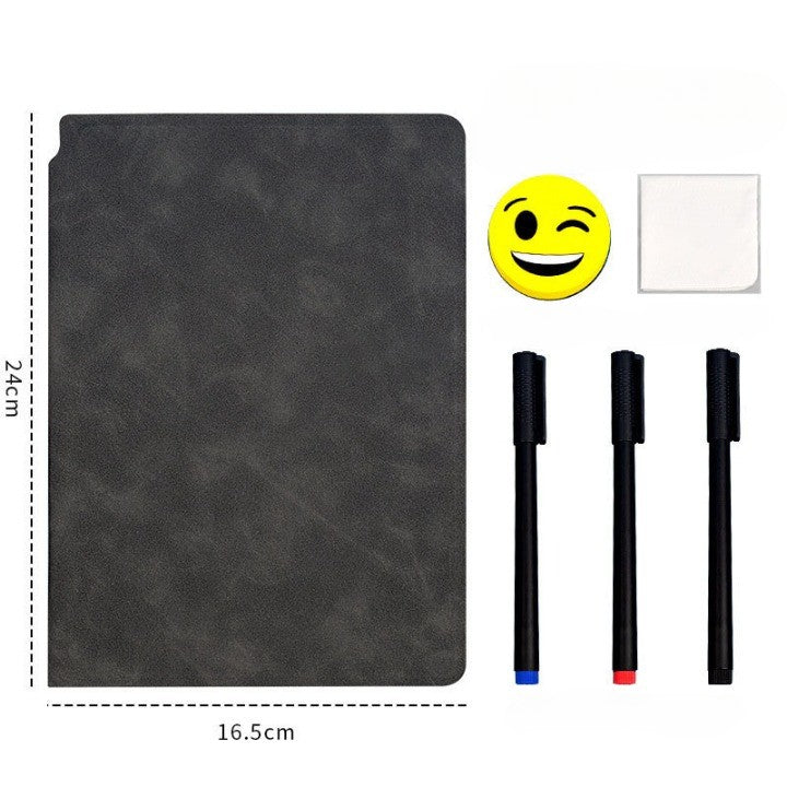 Agenda Reutilizabila A5 cu Pagini Tip Tabla, Set Notebook cu Stergere Uscata, Coperta Piele Ecologica, Include 3 Markere, Burete si Laveta, 24 x 16.5 cm, Negru