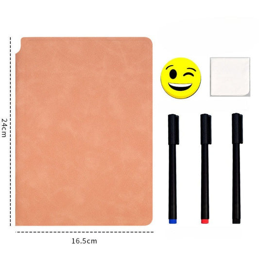 Agenda Reutilizabila A5 cu Pagini Tip Tabla, Stergere Uscata si Coperta Piele Ecologica, Set 3 Markere, Burete si Laveta, 24 x 16.5 cm, Roz Pal