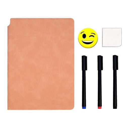 Agenda Reutilizabila A5 cu Pagini Tip Tabla, Stergere Uscata si Coperta Piele Ecologica, Set 3 Markere, Burete si Laveta, 24 x 16.5 cm, Roz Pal
